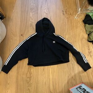 adidas Black Cropped Hoodie with White Sleeve Stripes